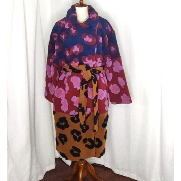 FARM Rio Coat L Mixed Leopards Fleece Coat Pink Multi Belted Cozy - Picture 7 of 15